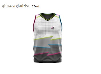 A sleeveless sports jersey with a modern design. The jersey features a pixelated gradient pattern transitioning from white at the top to dark gray at the bottom, accented with bright lines of pink, yellow, and teal. The collar is outlined in black and yellow, and there is a small logo near the upper chest area.